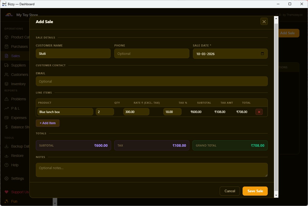 Bizzy Lite — Record a sale screen